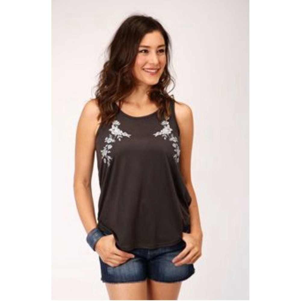American Eagle Y2K Tank XS Grey Embroidered Floral‎ Boho Festival
